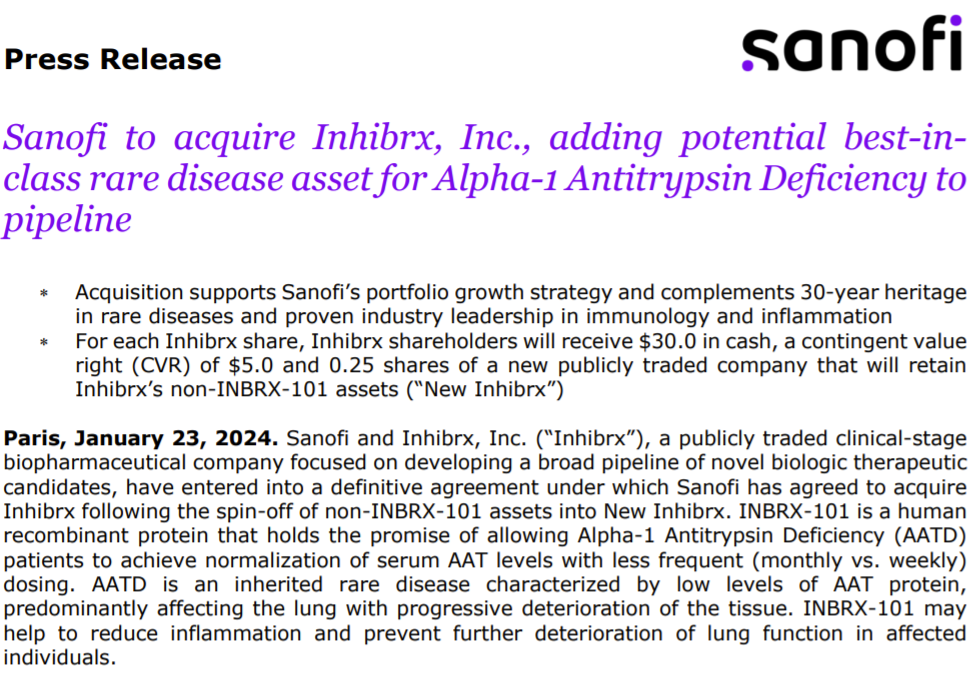 22亿美元：赛诺菲收购罕见病新药Inhibrx